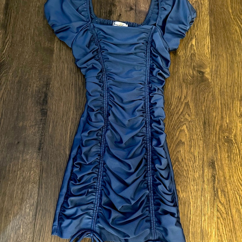 Honey and Rosie Blue Satin Drawstring Hem Mini Dress Junior Size XS